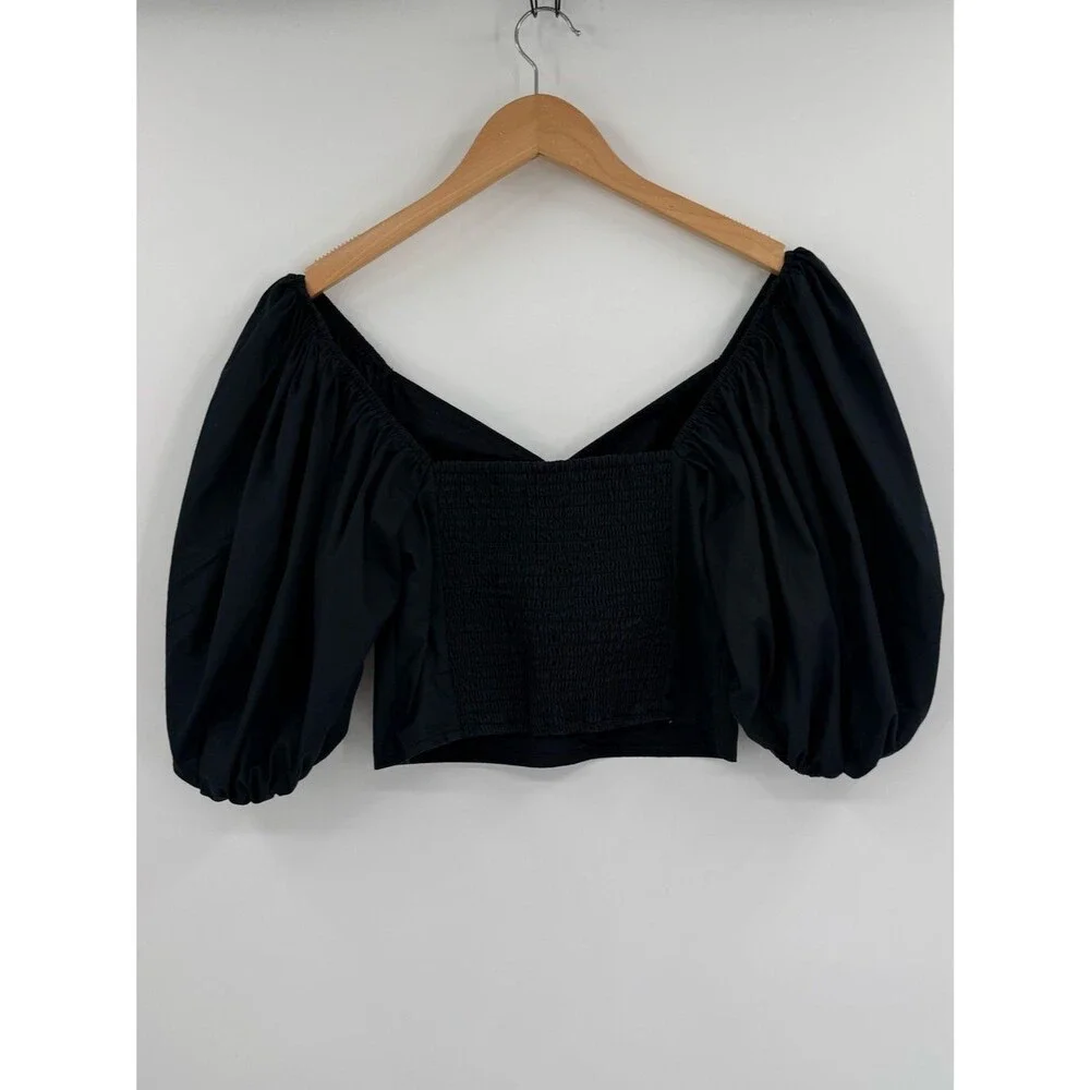 Abercrombie & Fitch Puff Sleeve Poplin O-Ring Cropped Blouse | Black | Small